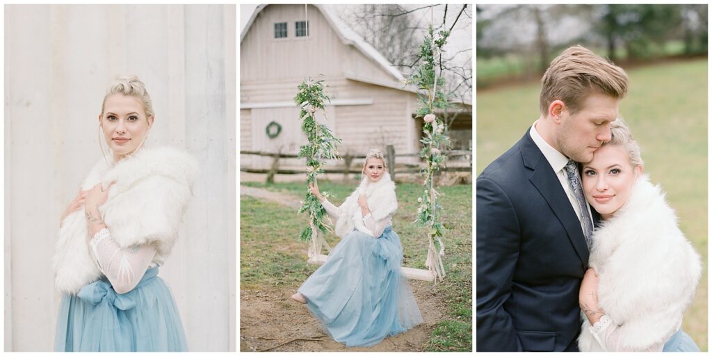 collage of bride and groom in front of a white barn and on a wooden swing