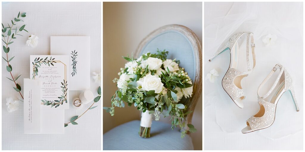 collage of wedding bouquet and shoes on blue chair